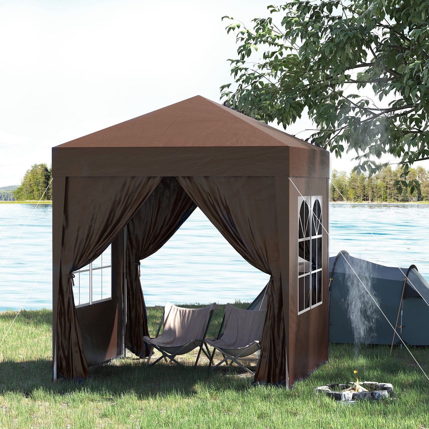6.6'x6.6' Pop Up Canopy Tent with Sidewalls, Instant Sun Shelter Camping Gazebo with Carry Bag, Brown