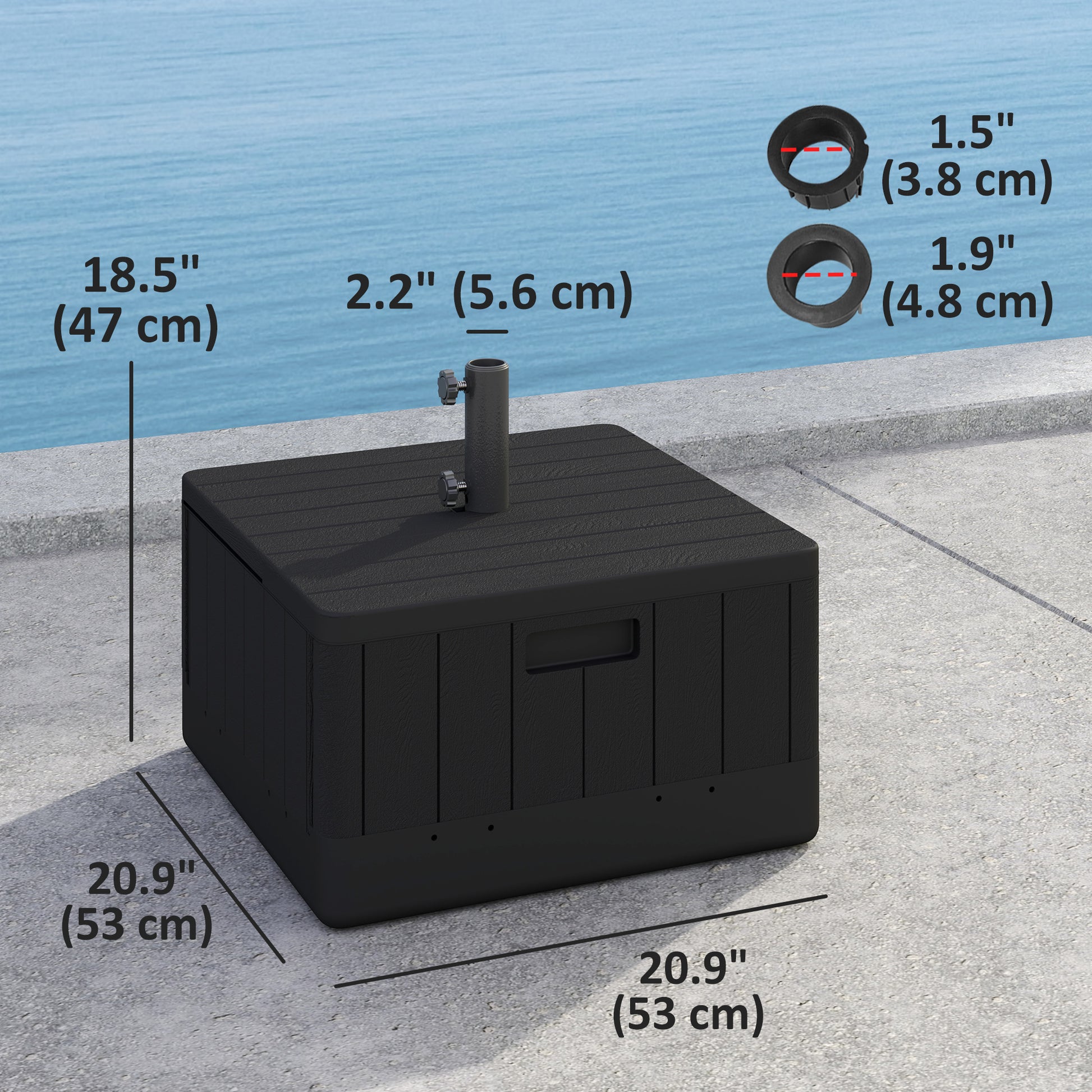3-in-1 Patio Umbrella Base, Coffee End Table, Flower Box Planter with Wheels Handles, Square Plastic 176lb Stand/110lb Water Fillable Outdoor Garden Umbrella Stand, Black