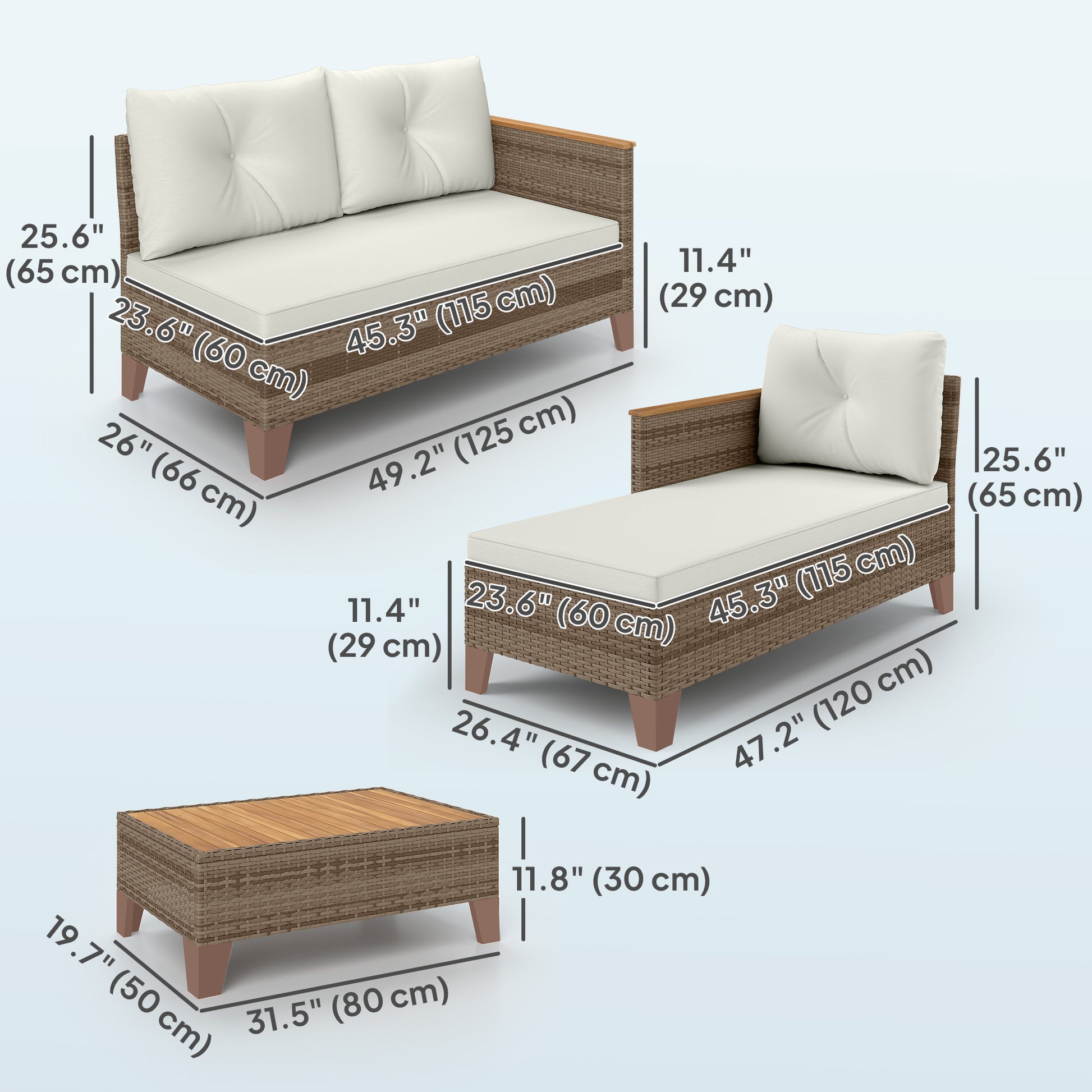 3 Piece Patio Furniture Set, L-Shaped Outdoor Furniture Conversation Set with Wood Top Coffee Table, Cream