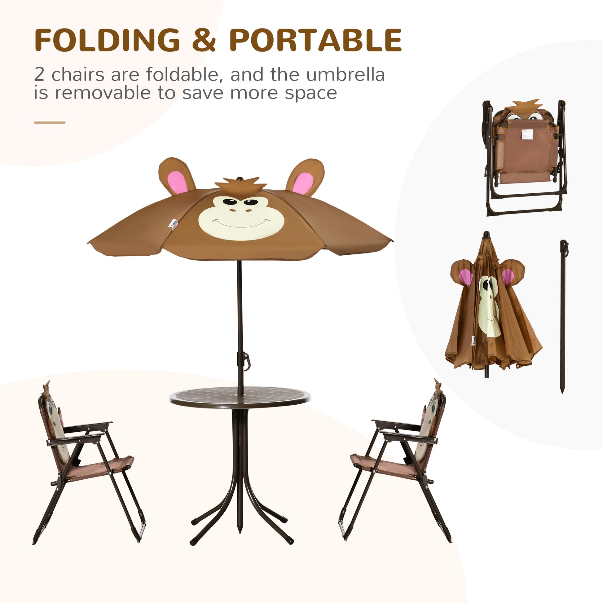 Kids Folding Picnic Table and Chair Set Pattern Outdoor Garden Patio Backyard with Removable & Height Adjustable Sun Umbrella Brown