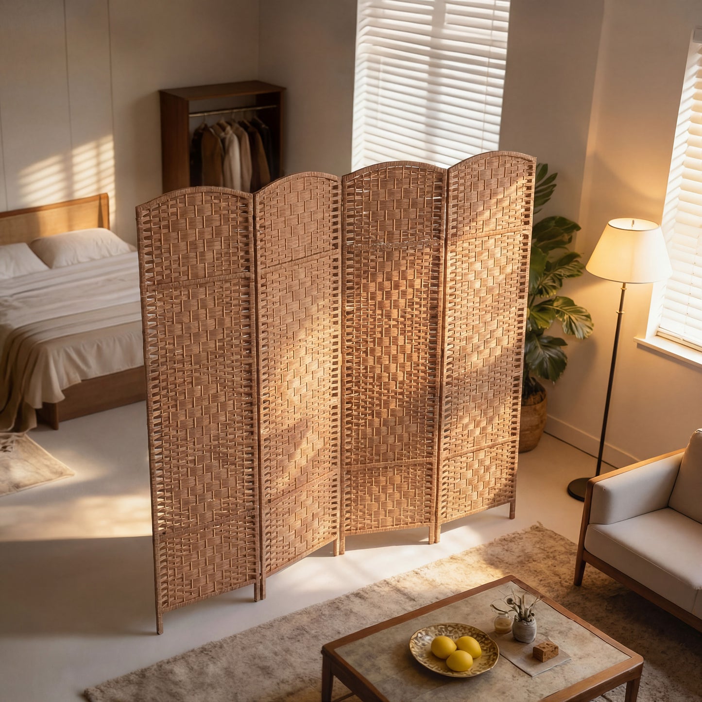 6ft Folding Room Divider, 4 Panel Wall Partition with Wooden Frame for Bedroom, Home Office, Natural