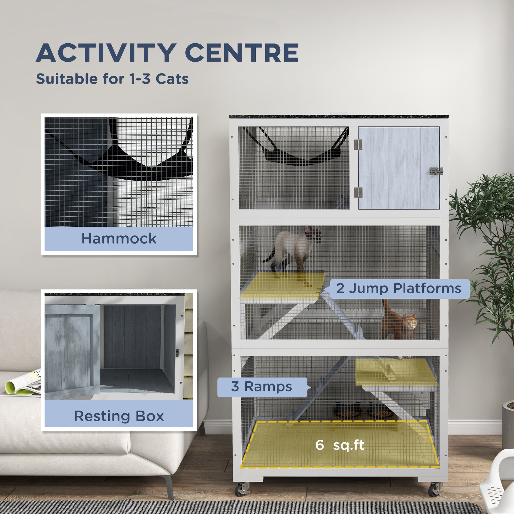 34" L Catio Outdoor Cat Enclosure on Wheels with Hammock Multiple Platforms Resting Condo Ramps for 1-3 Cats, Light Grey