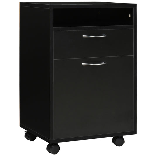 24" Small Filing Cabinet with Open Compartment, Drawer and Wheels, Home Office Storage Cabinet, Black