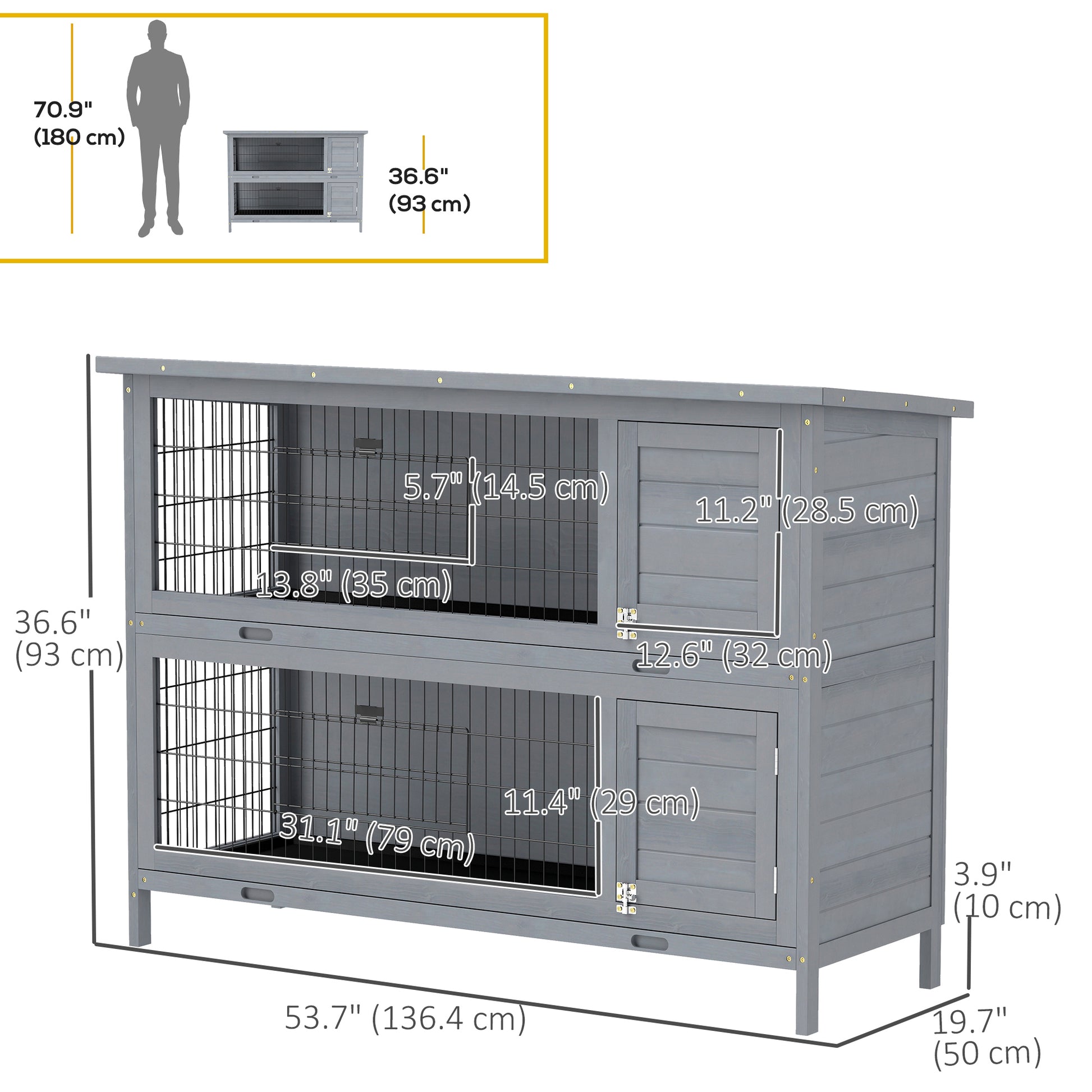2 Tier Wooden Rabbit Hutch Bunny Pet House Wooden Coop Run, Grey
