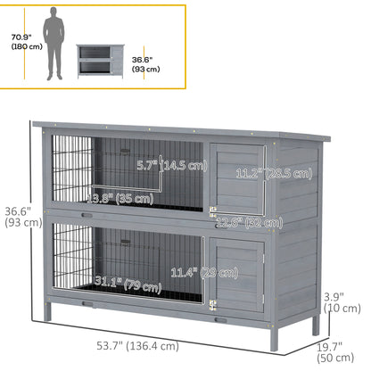 2 Tier Wooden Rabbit Hutch Bunny Pet House Wooden Coop Run, Grey