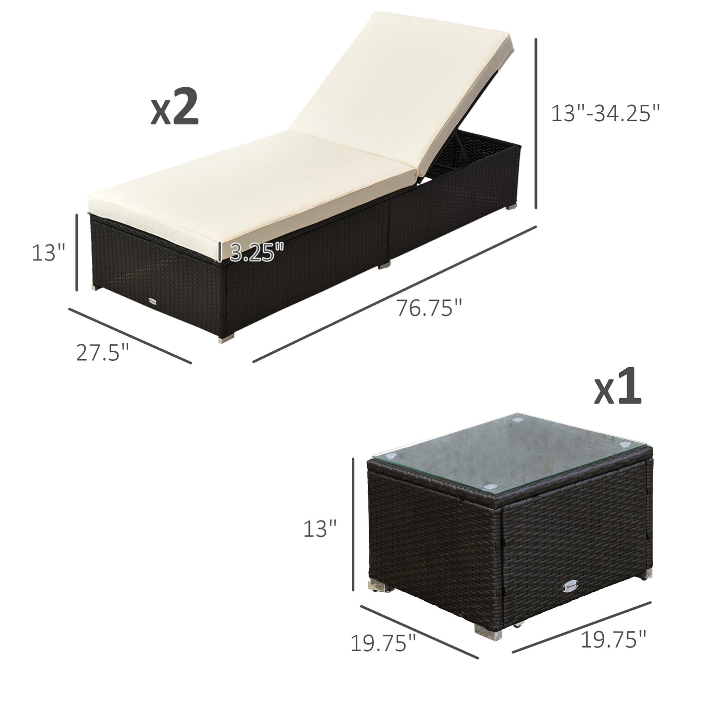 3pc Rattan Lounge Chair Set with Side Table Outdoor Patio Synthetic Rattan Wicker Sun Bed Set with Cushion
