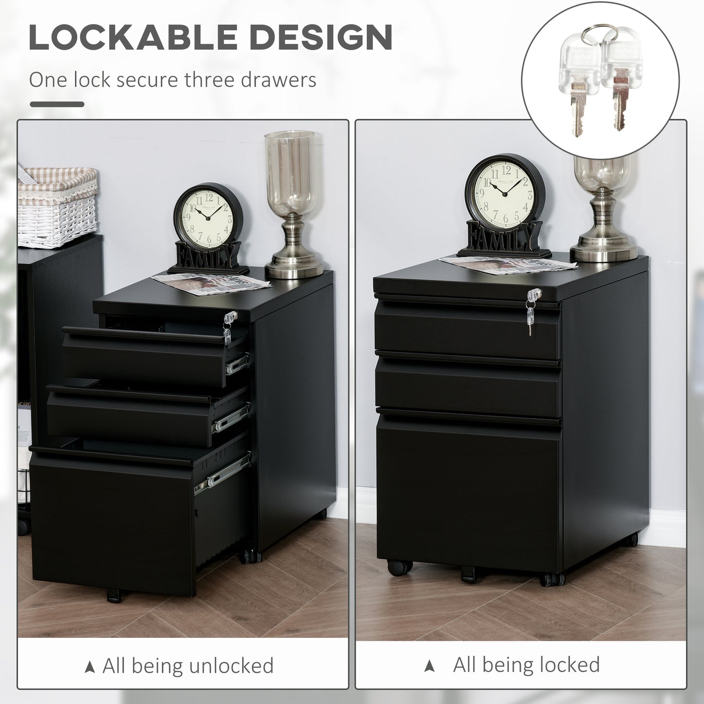 3 Drawer Filing Cabinet, Lockable Office Storage Cabinet on Wheels for Legal, Letter, A4 Files, Black