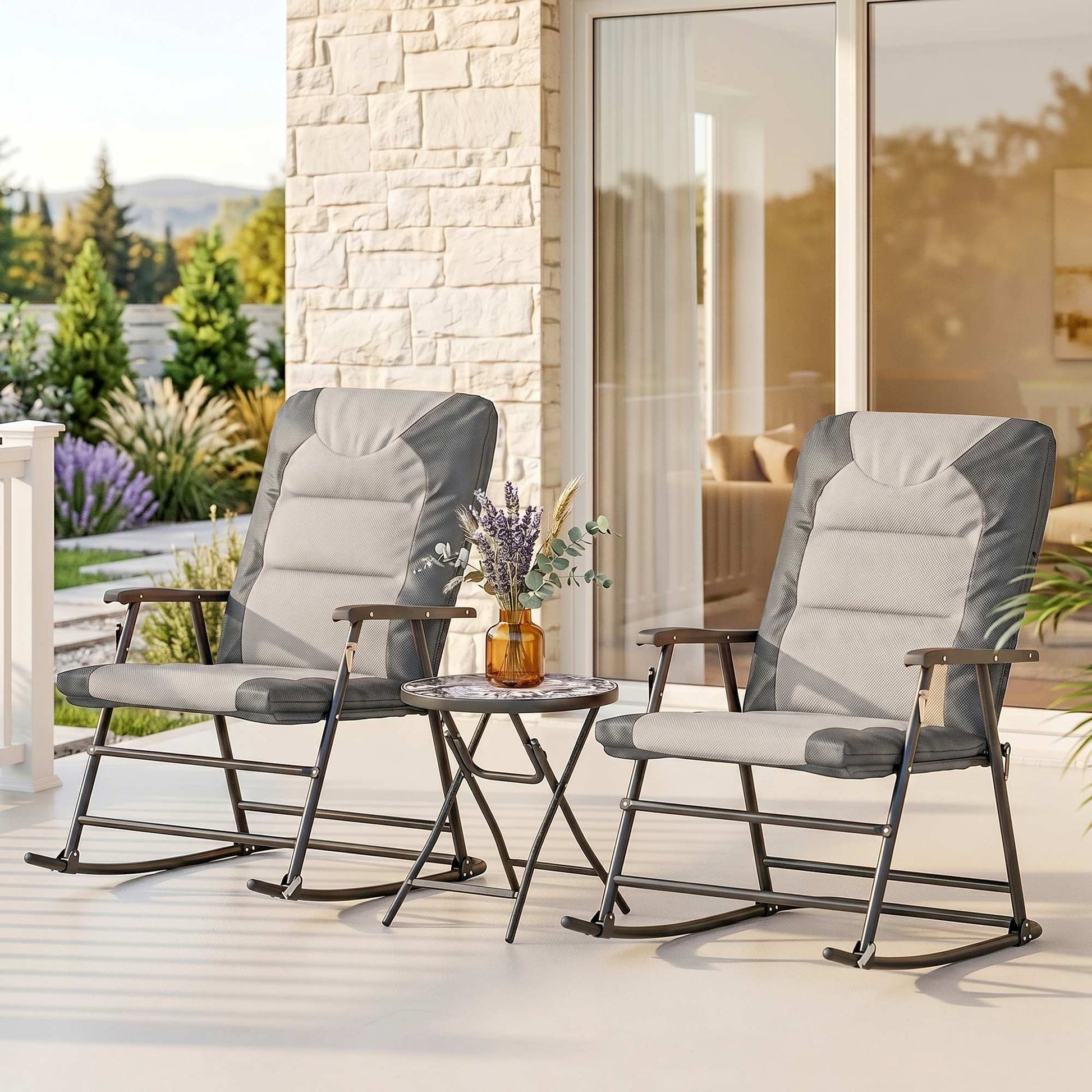 3-Piece Outdoor Foldable Rocking Chair Set, Light Grey