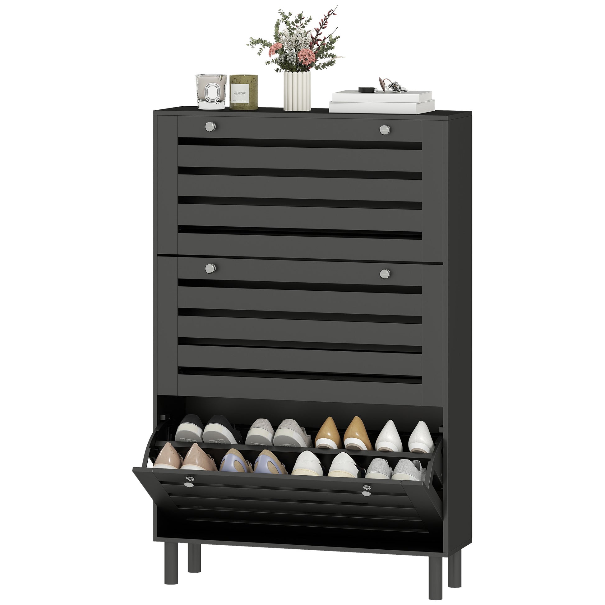 Narrow Shoe Storage Cabinet, 3 Flip Drawers, Adjustable Shelves, 18-24 Pairs Capacity, Black