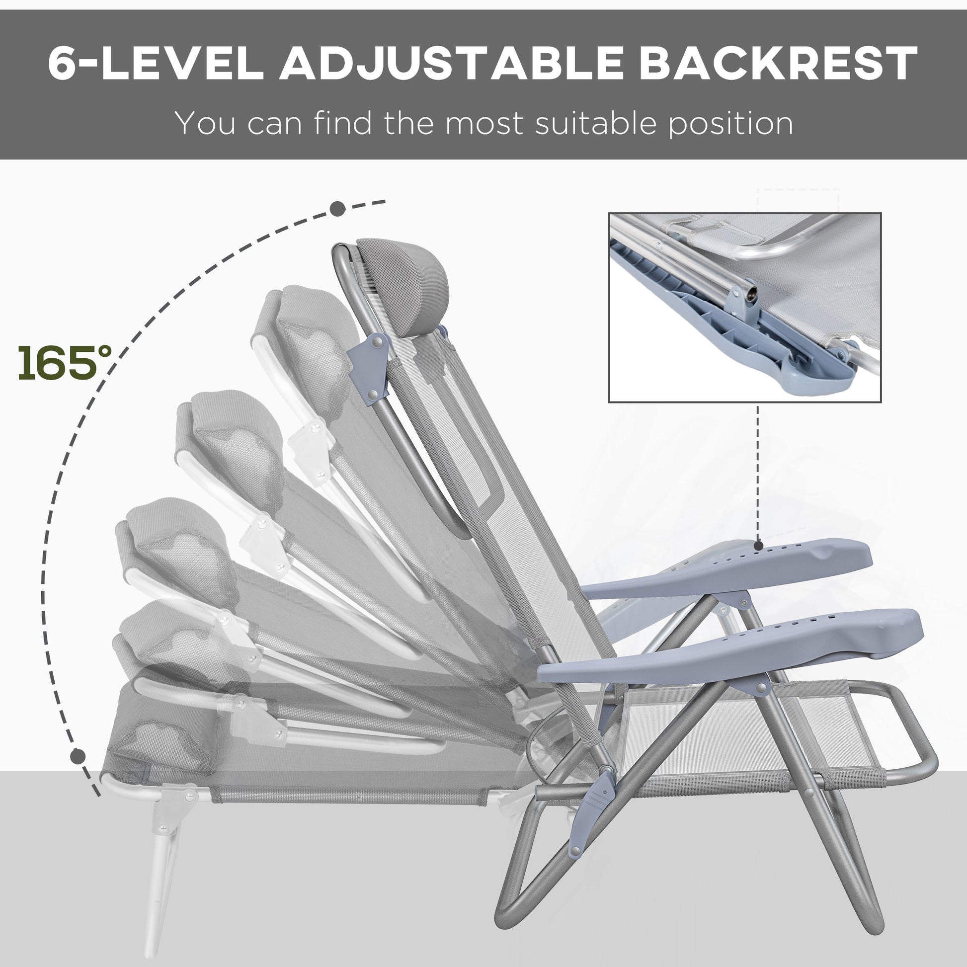 Set of 2 Camping Chairs, Beach Chairs with Adjustable Backrest and Headrest, Folding Chair for Outdoor, Light Grey