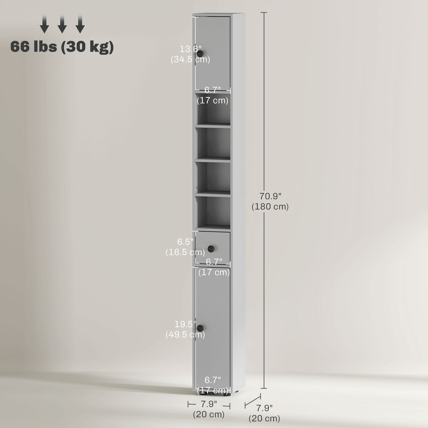 71" Tall Bathroom Cabinet, Narrow Toilet Paper Cabinet with Open Shelves, 2 Door Cabinets, Adjustable Shelves, Grey
