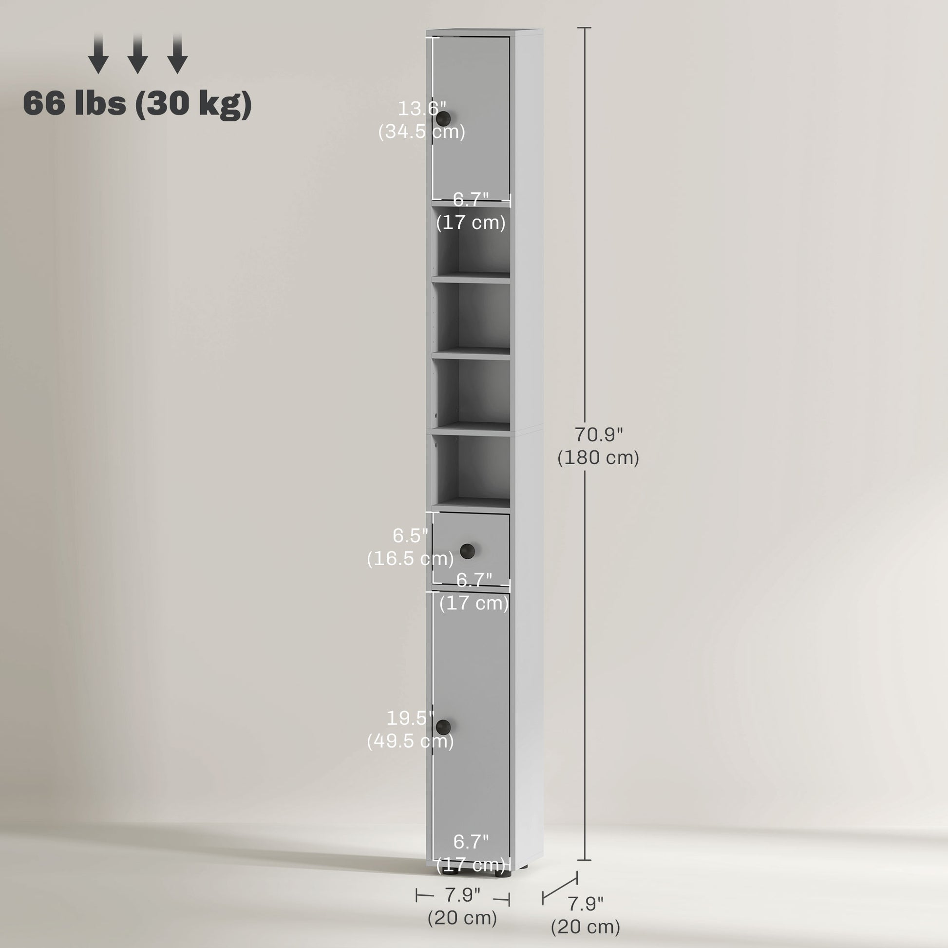 71" Tall Bathroom Cabinet, Narrow Toilet Paper Cabinet with Open Shelves, 2 Door Cabinets, Adjustable Shelves, Grey