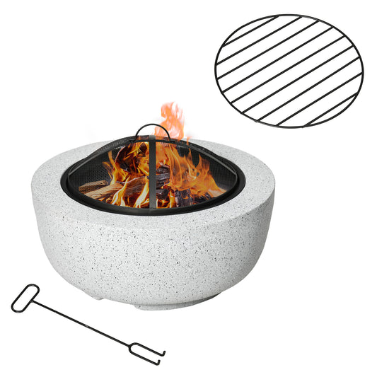 24" Outdoor Fire Pit with Stone Effect, Wood-burning Firepit Fireplace with Spark Screen and Poker for Backyard Camping Bonfire, Gray