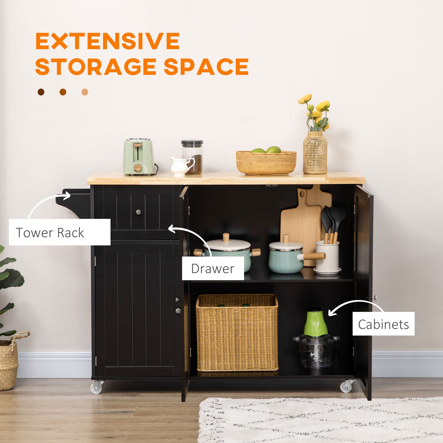 Rolling Kitchen Island with Storage, Utility Kitchen Island Cart with Drawer, Cabinets, Towel Rack and Rubber Wood Top