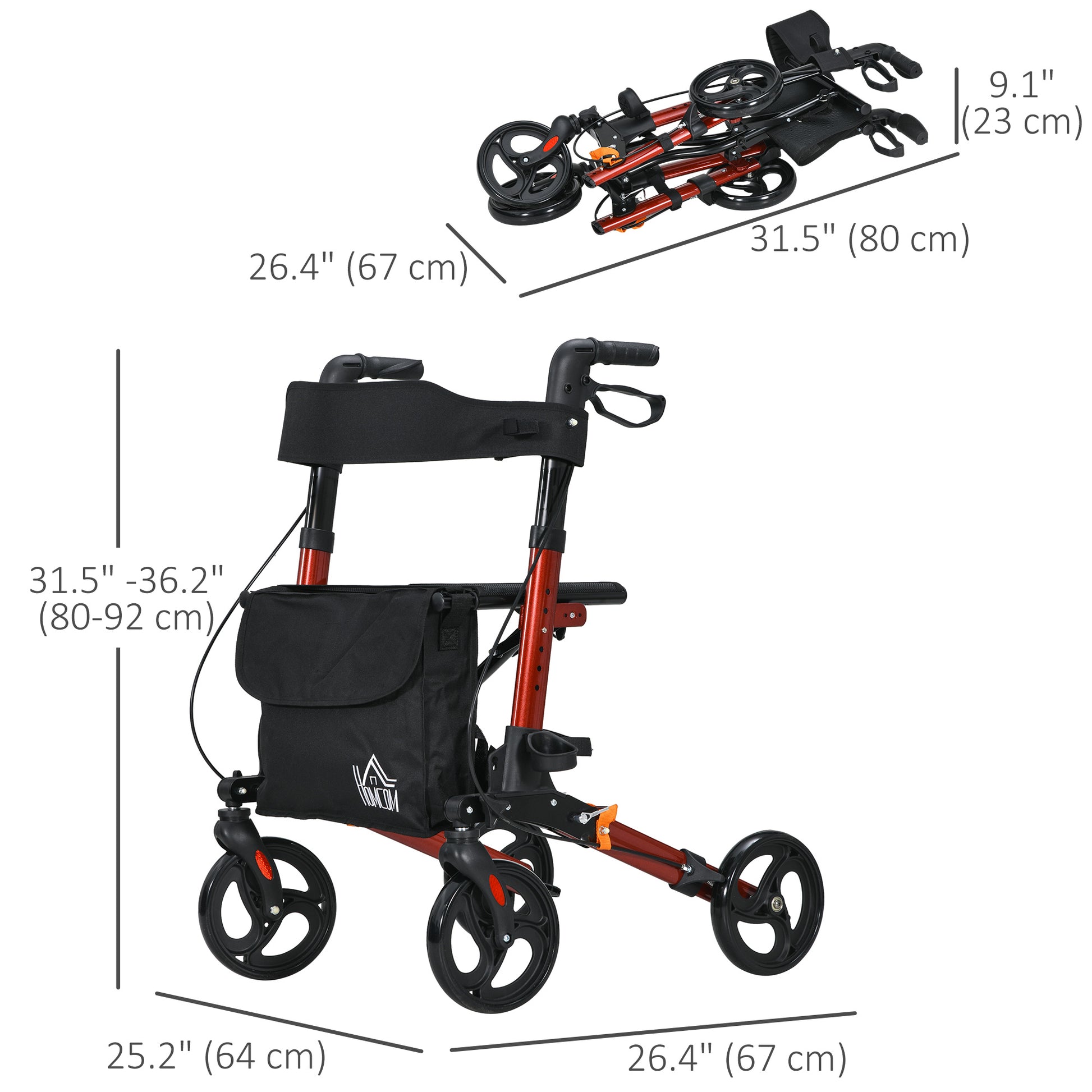 Rollator for Seniors with Seat, Back, Cane Holder, Aluminium Folding Rolling Walker with Adjustable Handle, Bag, Red