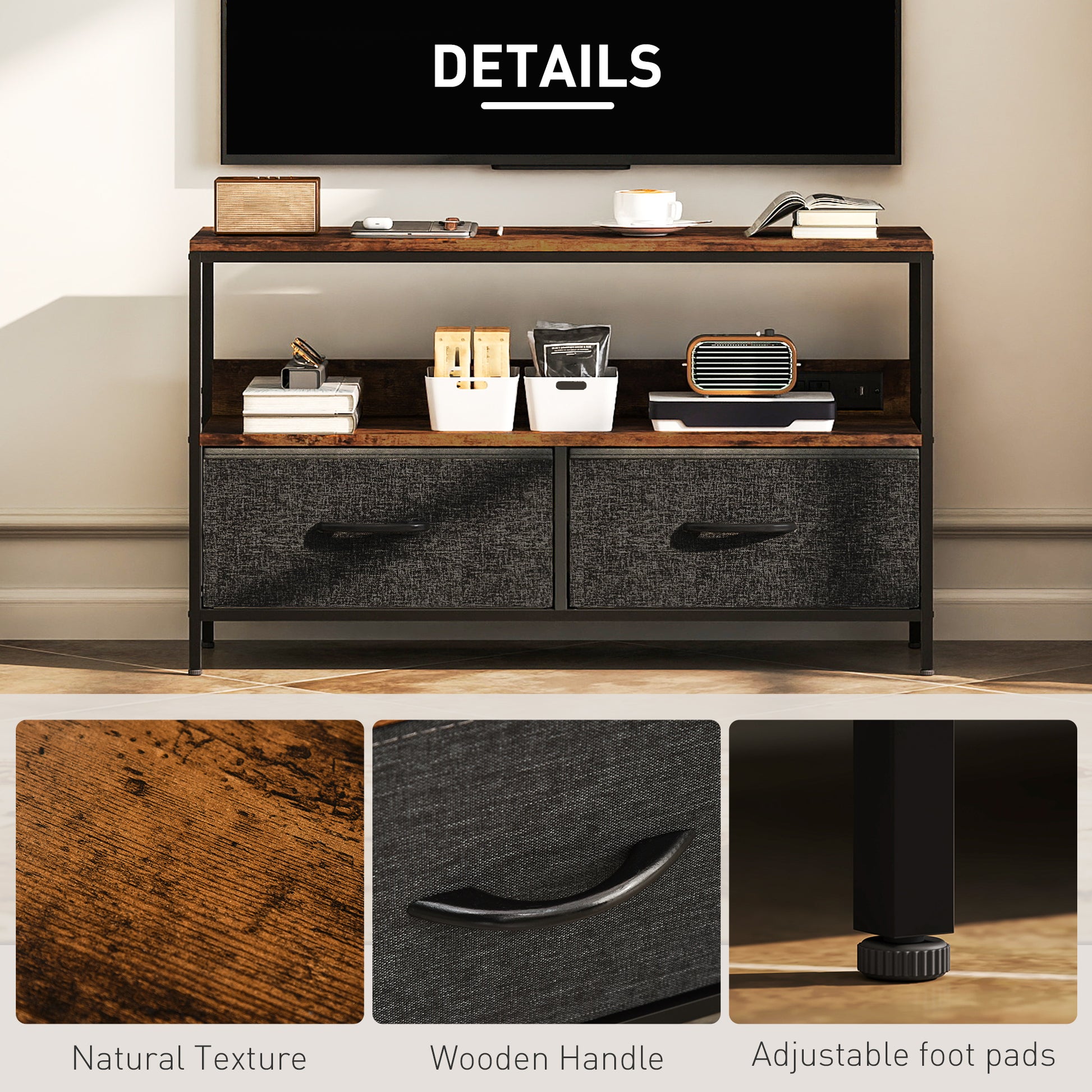 TV Stand with Charging Station, TV Table with 2 Foldable Linen Drawers and Open Shelf for 47 Inch TV, Rustic Brown