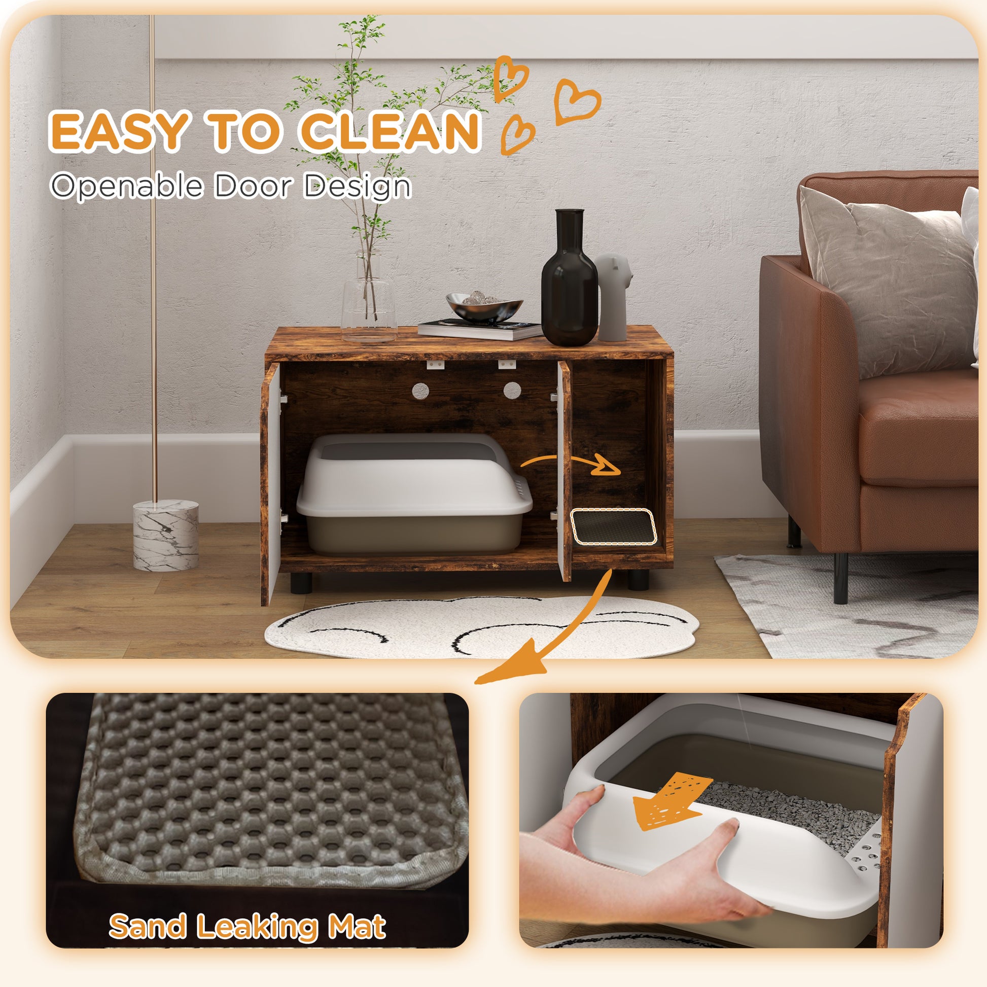 Hidden Cat Litter Box Enclosure with Double Doors and Sand Drain Pad, Rustic Brown