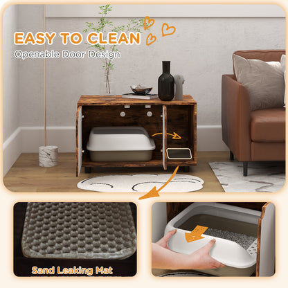 Hidden Cat Litter Box Enclosure with Double Doors and Sand Drain Pad, Rustic Brown
