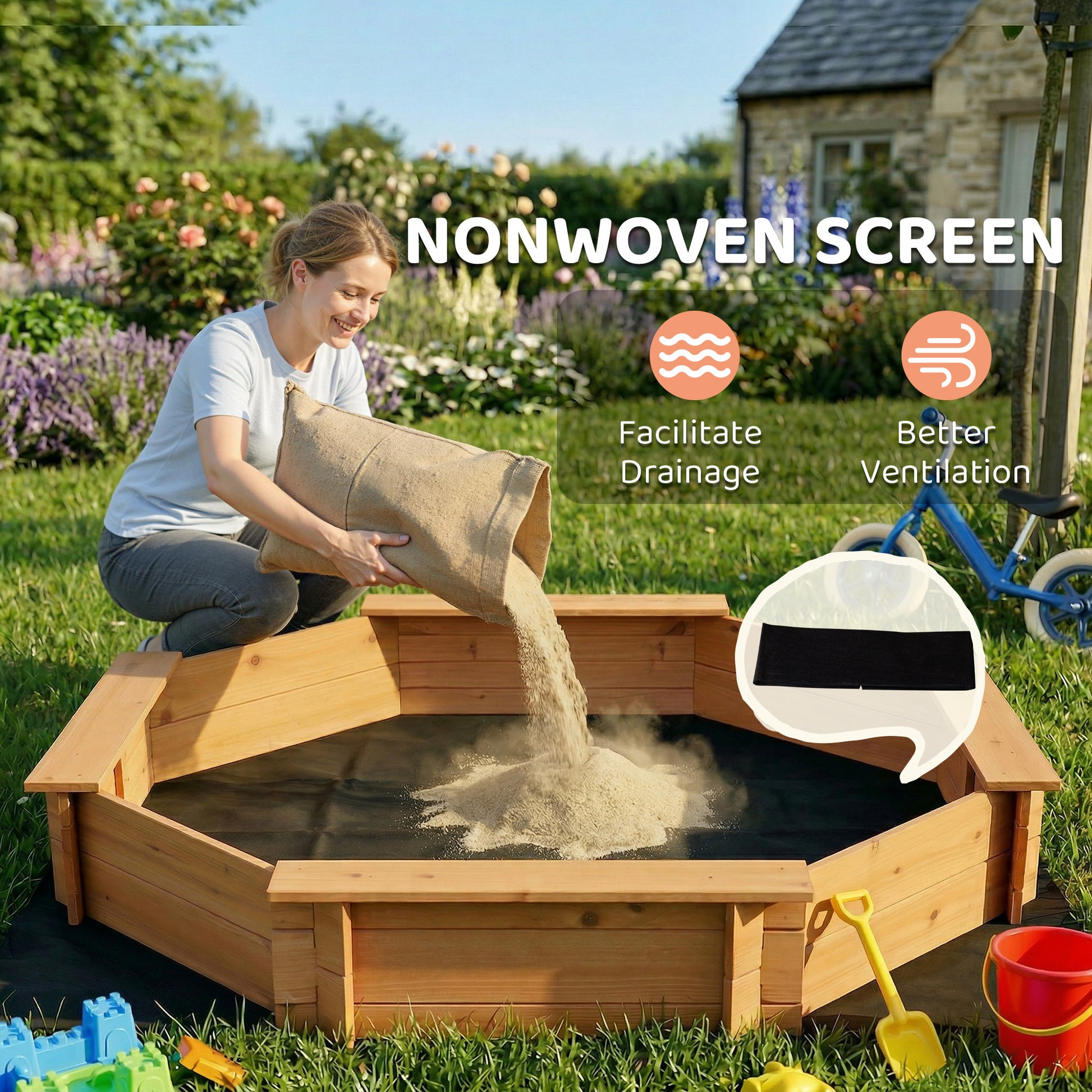 Kids Sandbox with Cover, Wooden Sand Box with Seat, Outdoor Children Sand Pit for Backyard, Garden for Ages 3-8, Red
