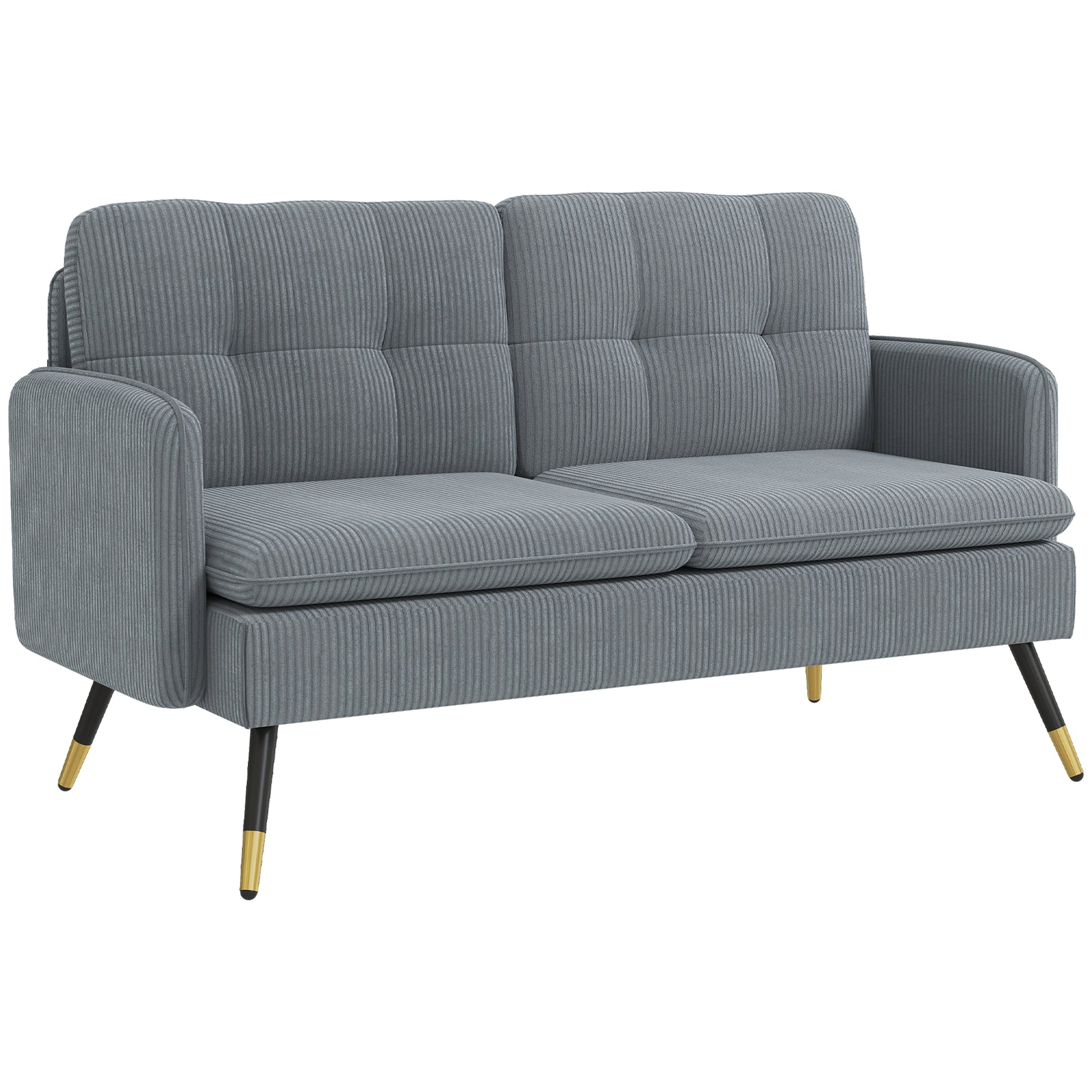55" Loveseat Sofa, Corduroy Love Seat w/ S spring, Steel Legs and Button Tufting, Small Couch for Living Room, Dark Grey