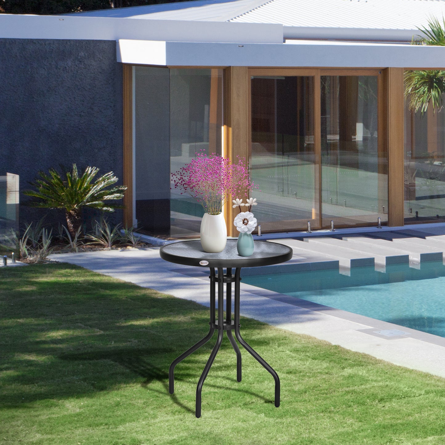 24" Patio Table Round Tempered Glass Top Outdoor Dining Steel Frame Backyard