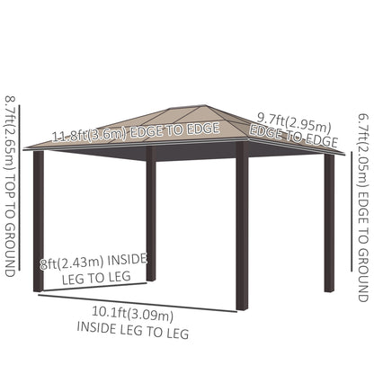 10' x 12' Hardtop Gazebo Canopy with Polycarbonate Roof, Aluminum Frame, Netting, Curtains and Ceiling Hook, Brown