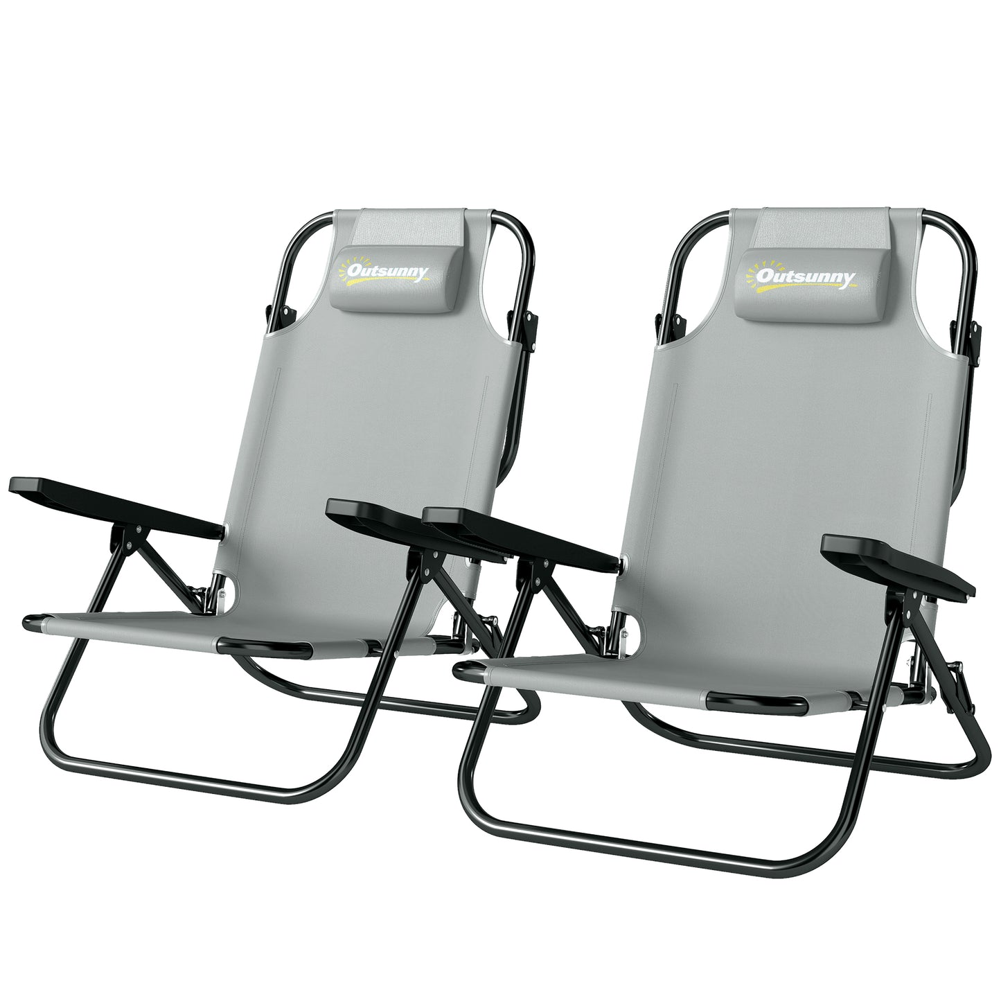 Set of 2 Beach Chair 5-Position Adjustable Folding Camping Chair with Headrest Armrests Light Grey