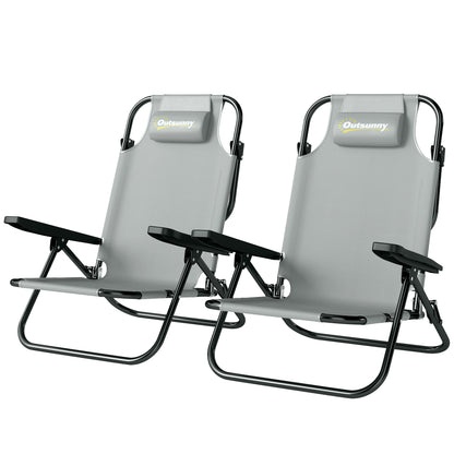 Set of 2 Beach Chair 5-Position Adjustable Folding Camping Chair with Headrest Armrests Light Grey