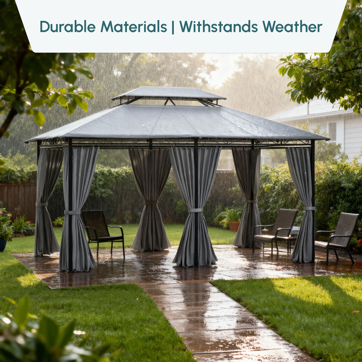 10' x 13' Patio Gazebo, 2-Tiers Outdoor Canopy Sunshade Shelter with Curtains, Dark Grey