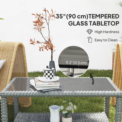 35" Outdoor Wicker Coffee Table with Glass Top, Storage Shelf for Garden Porch Balcony Deck, Dark Grey