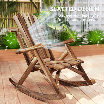 Wooden Outdoor Rocking Chair, Oversized Adirondack Patio Rocker with High Back and Slatted Seat, Carbonized