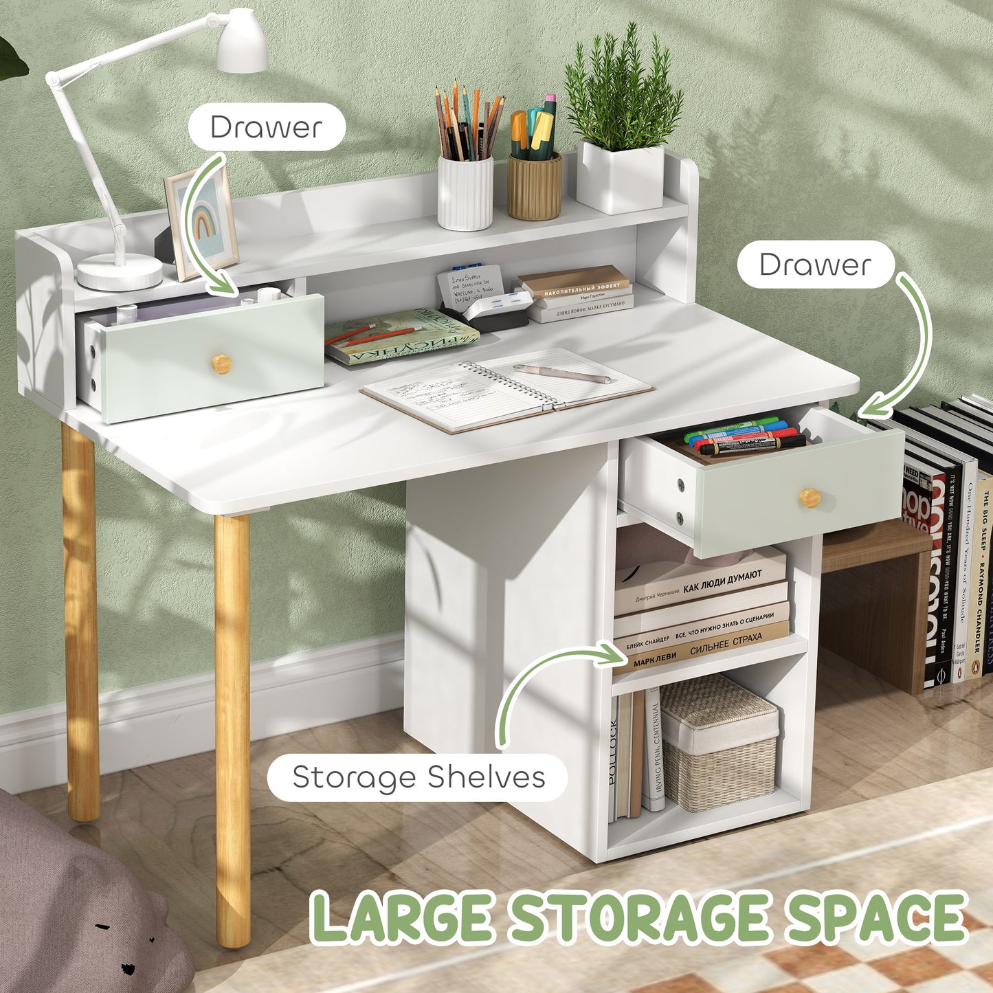 Qaba Kids Study Table and Chair Set, Kids Desk and Chair Set w/ Storage and Shelves, for 3-8 Year Old, Green