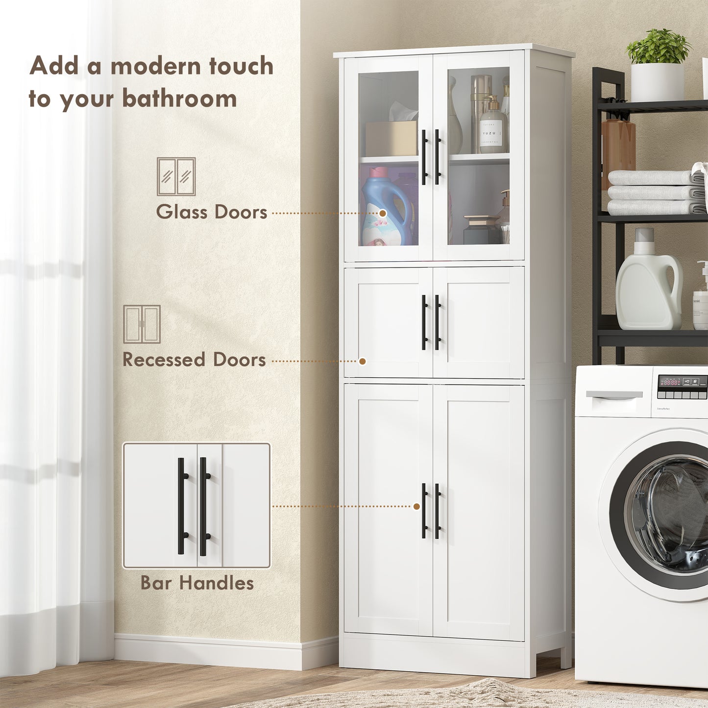 67" Tall Bathroom Storage Cabinet, Modern Freestanding Bathroom Cabinet with Glass Doors and Adjustable Shelves, White
