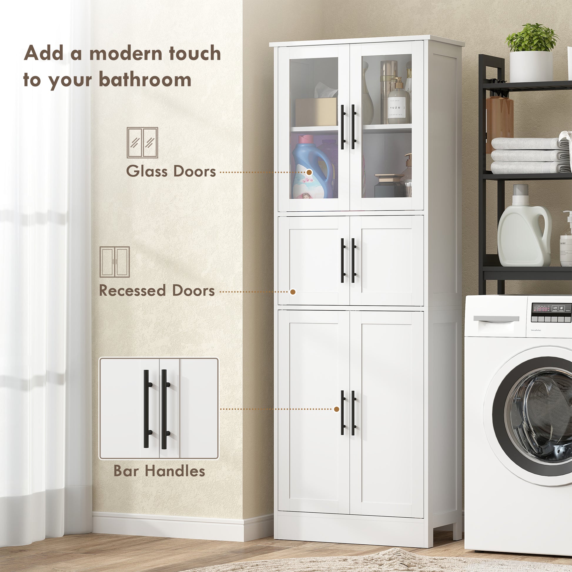 67" Tall Bathroom Storage Cabinet, Modern Freestanding Bathroom Cabinet with Glass Doors and Adjustable Shelves, White