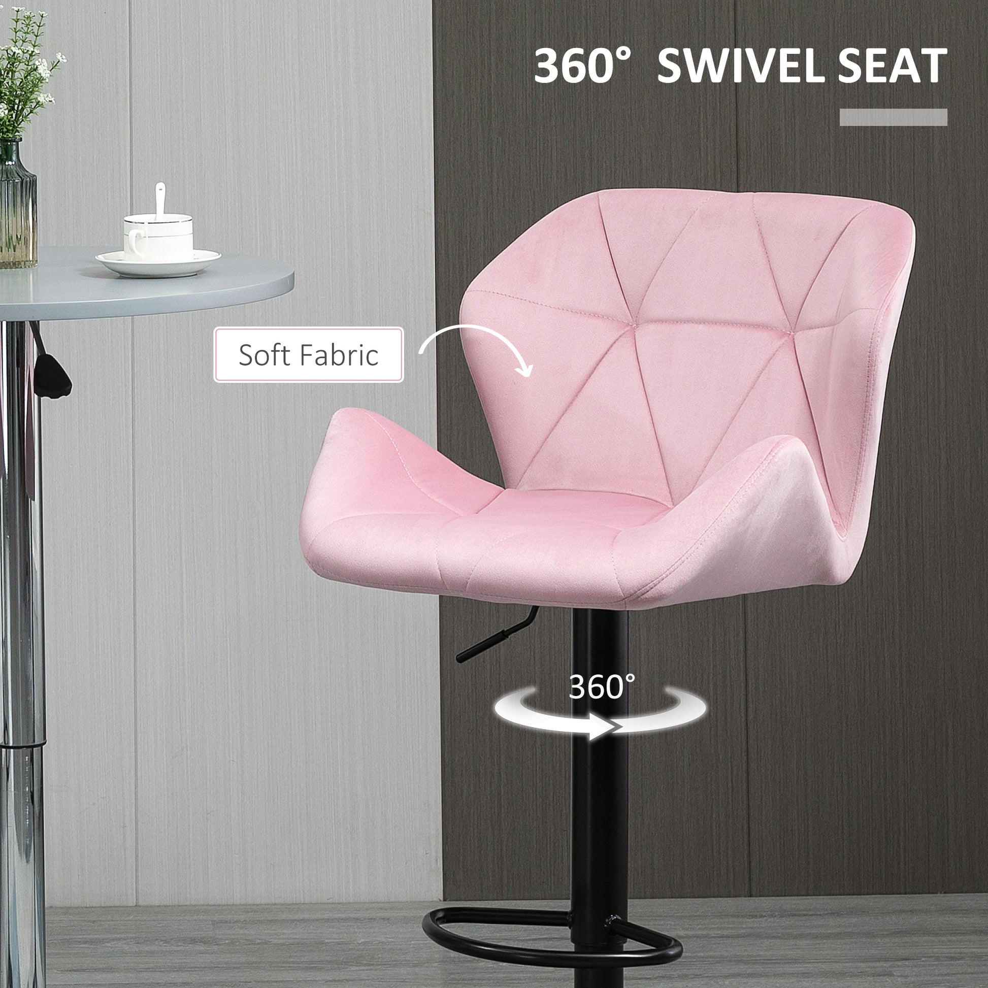 Velvet-Touch Bar Stool Set of 2 Fabric Adjustable Height Armless Counter Chairs with Swivel Seat, Pink