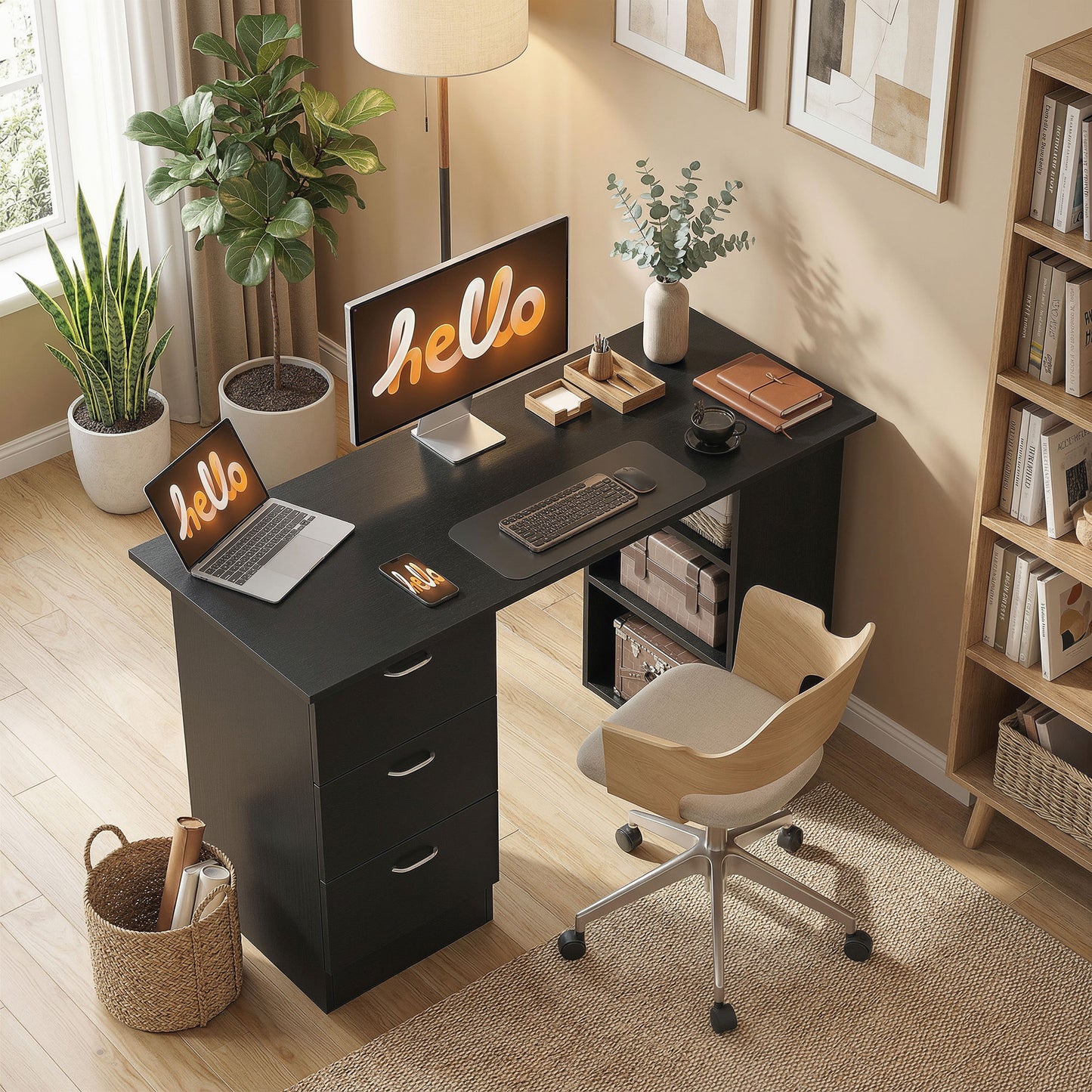 Computer Desk, 47" Writing Table with 3-Tier Shelves and 3 Reversible Drawers for Home Office, Bedroom, Black