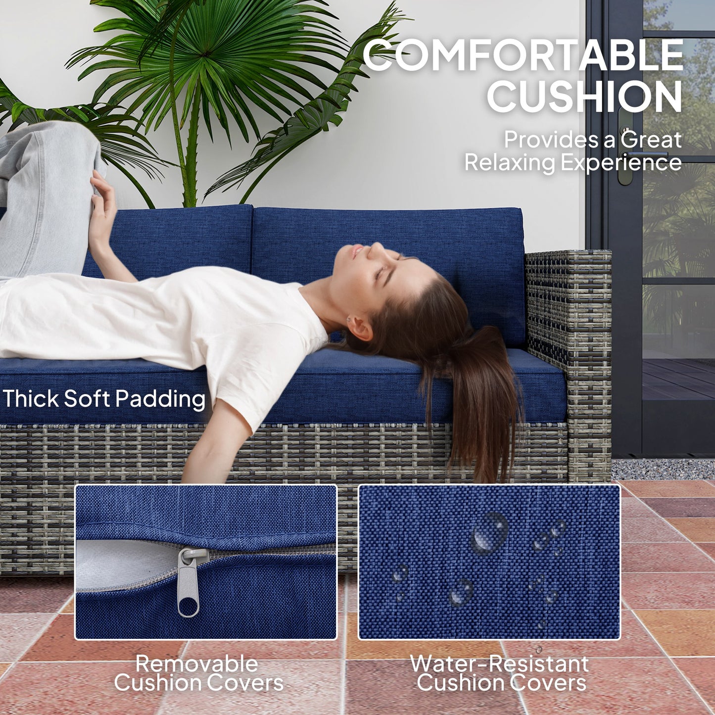 4-Piece Outdoor Rattan Wicker Conversation Furniture Set, Includes Corner Sofa, Loveseat, Coffee Table and Cushions, Modern Patio Sectional for Backyard, Navy Blue