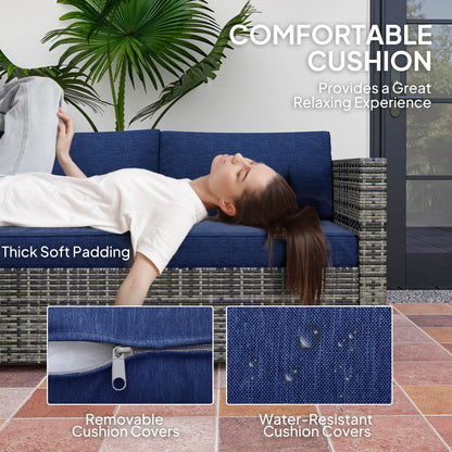 4-Piece Outdoor Rattan Wicker Conversation Furniture Set, Includes Corner Sofa, Loveseat, Coffee Table and Cushions, Modern Patio Sectional for Backyard, Navy Blue