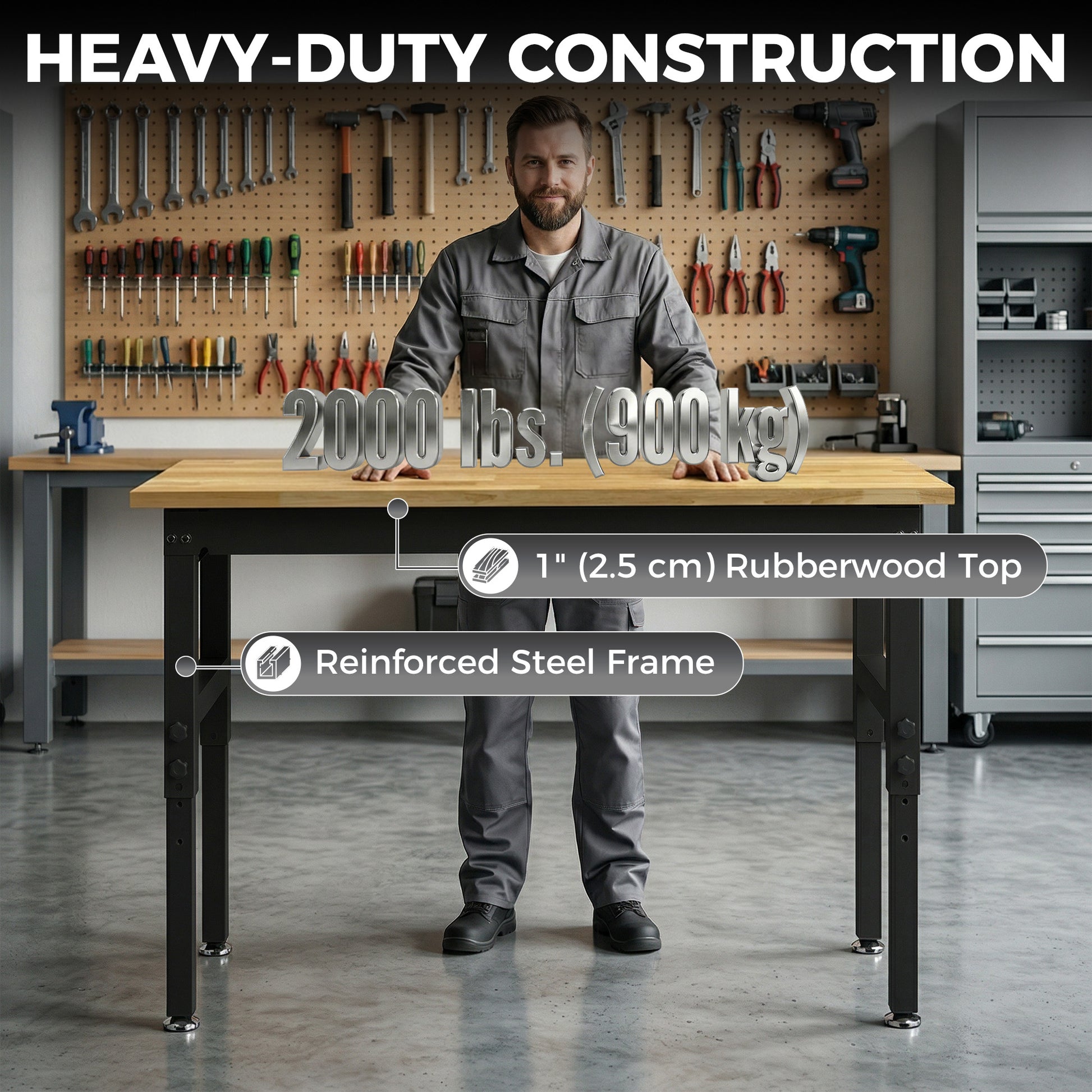 48" Adjustable Workbench, Heavy Duty Work Table with Rubber Wood Top, Power Outlets, Pegboard, 2000 LBS Capacity