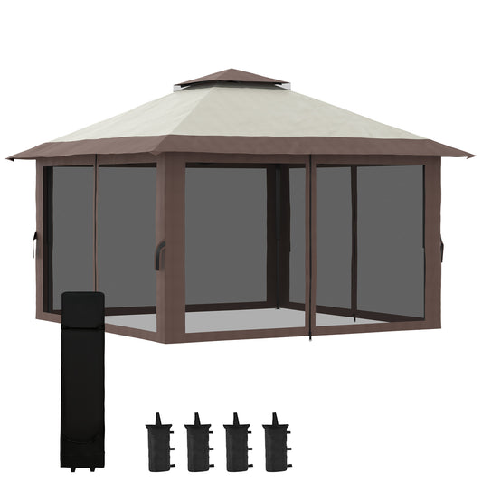 13' x 13' Pop Up Canopy, 2-Tier Roof Easy up Tent Shelter with Nettings Carry Bag Weight Bags for Garden, Patio, Beige