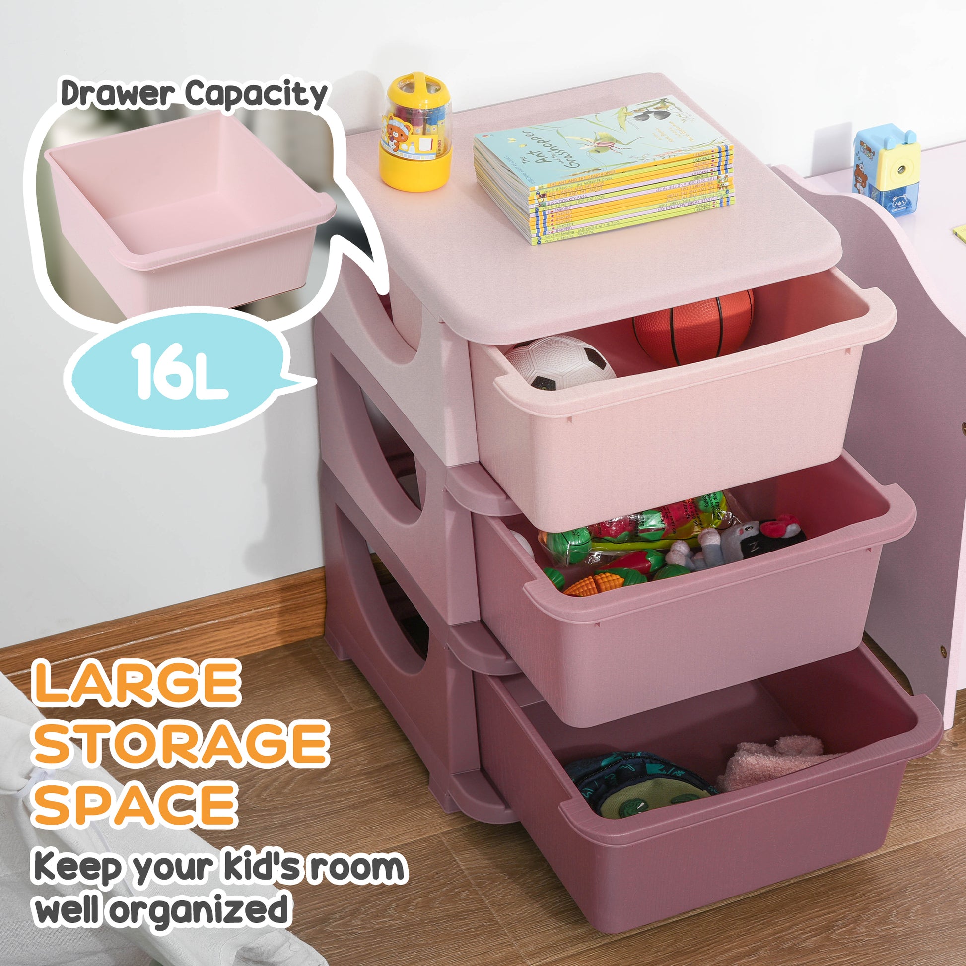 Qaba 3 Tier Kids Toy Organizer and Storage Bins with 3 Plastic Drawers, Pink