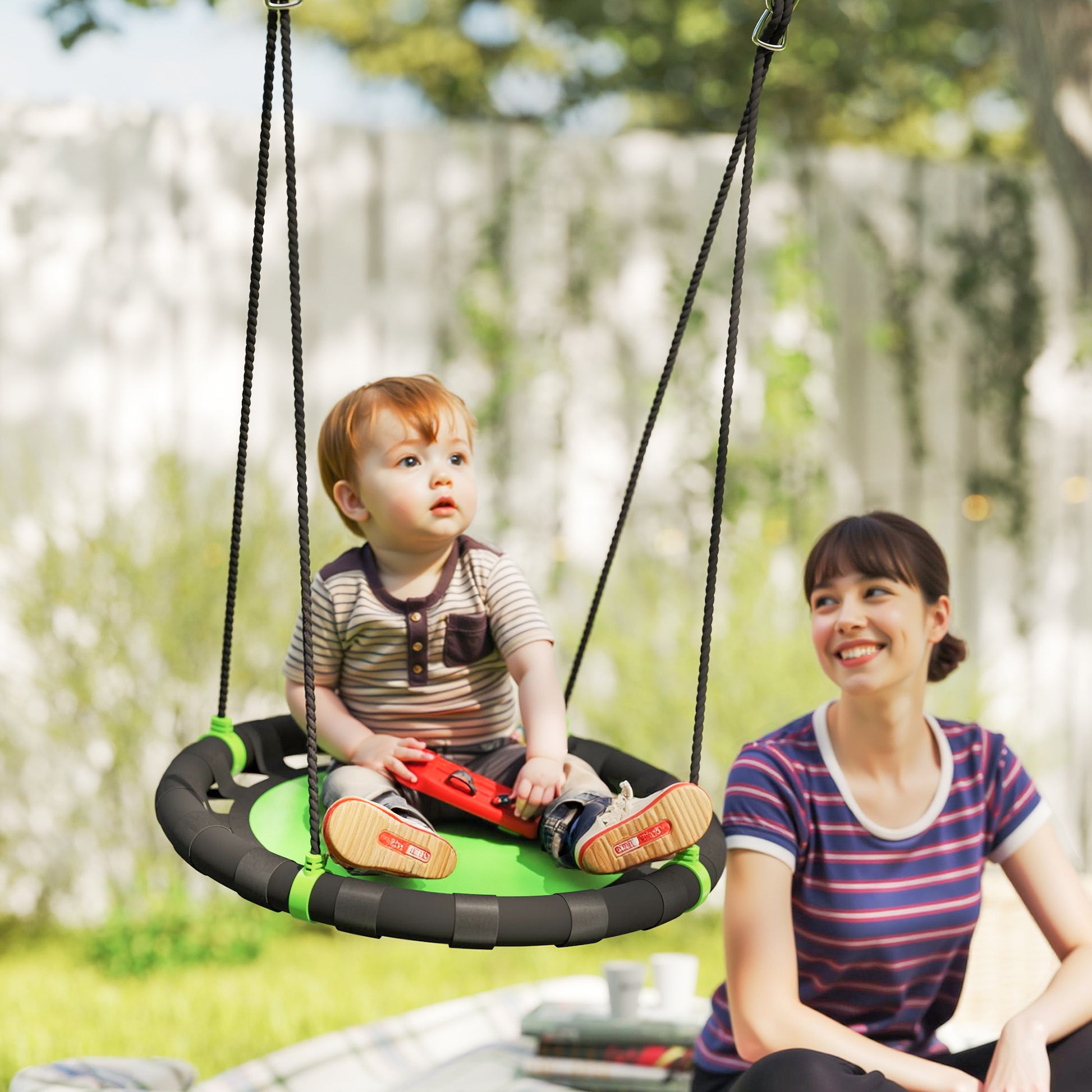 Qaba 24 inch Saucer Tree Swing Set for Kids with Adjustable Hanging Ropes for Outdoor, Backyard, Green