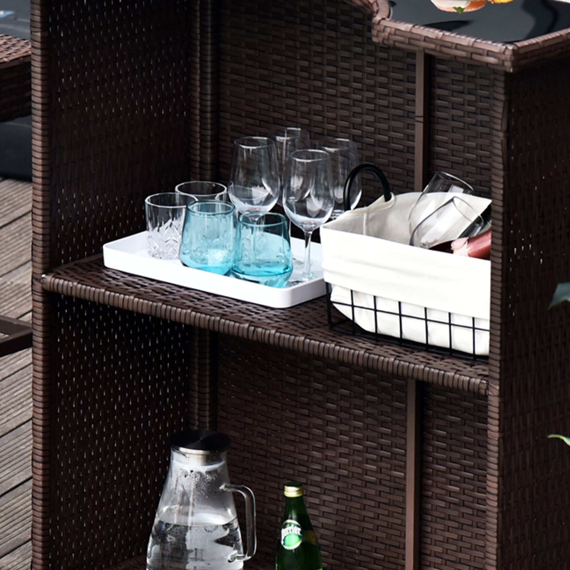 5 Pieces Patio Bar Set, Outdoor PE Rattan Wicker High Top Outdoor Table and Chairs Outdoor Bar Set with Tempered Glass Top Bar Table and Shelves, 4 Bar Chairs, Dark Brown