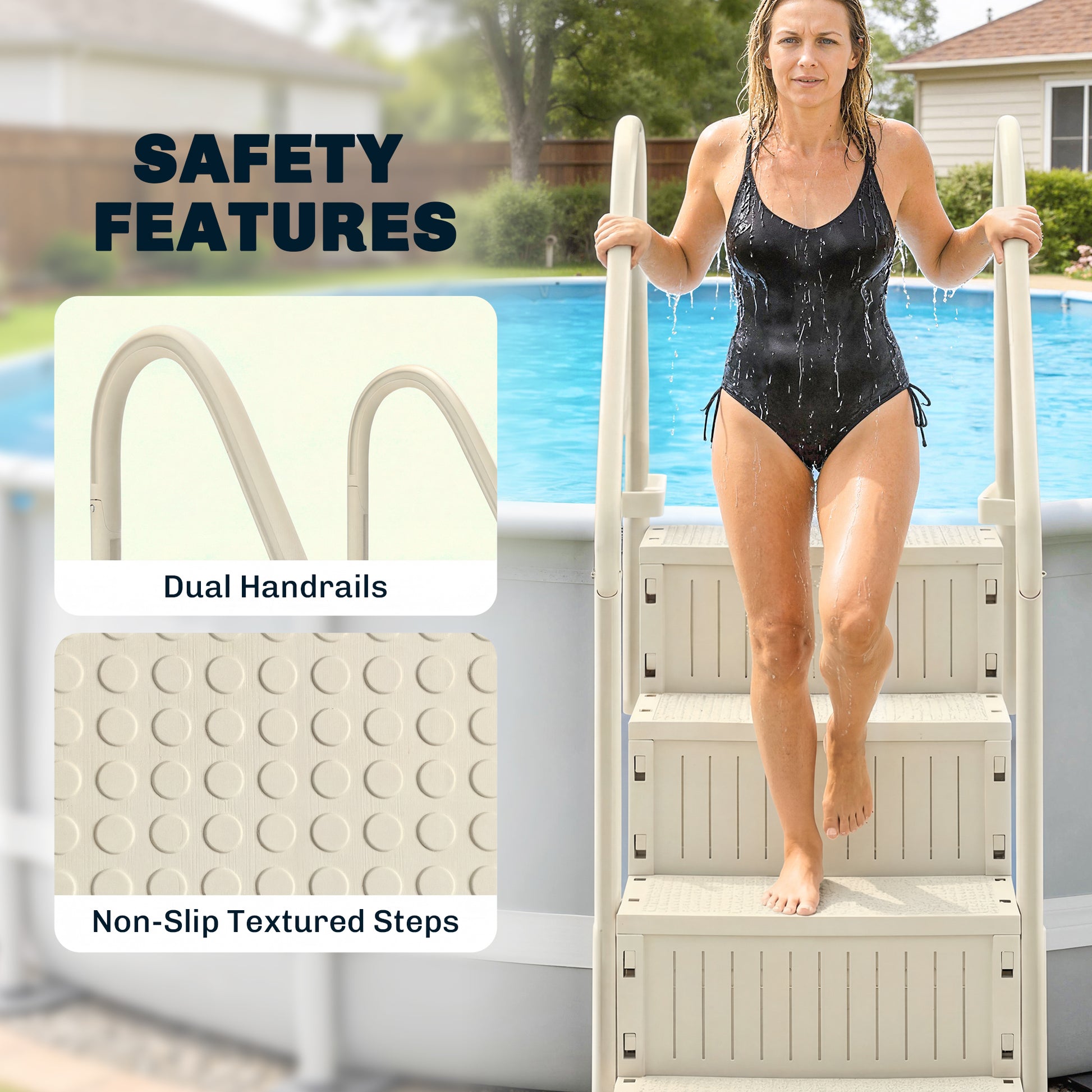 Swimming Pool Ladder Adjustable for Above Ground Pools w/ Non-Slip Steps & Dual Handrails 4-Step Cream White