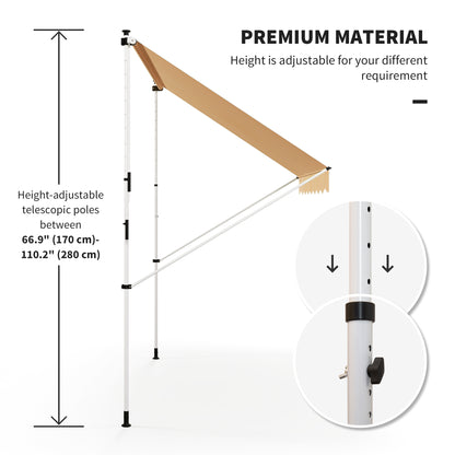 10x5ft Manual Retractable Awning, Patio Sun Shade Canopy Shelter with 5.6-9.2ft Support Pole, Water Resistant UV Protector, for Window, Door, Porch, Deck, Yellow