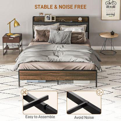 Full Size Bed Frame with Charging Station, Full Bed Frame with Upholstered Headboard and Storage Shelf, Walnut