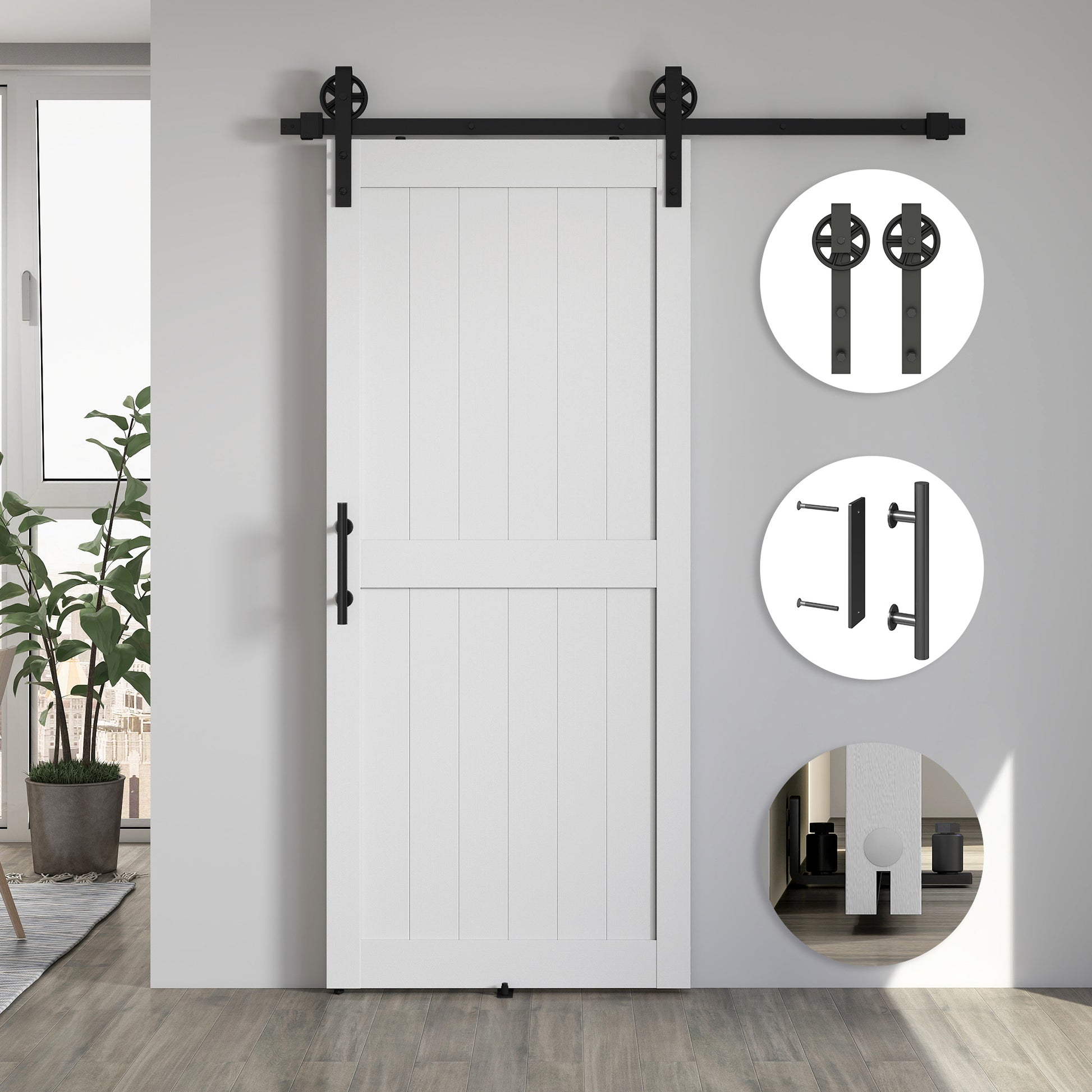 36inx84in Barn Door with 6FT Sliding Door Hardware Kit, Handle, Upgraded Rollers and Floor Guide, Waterproof, White