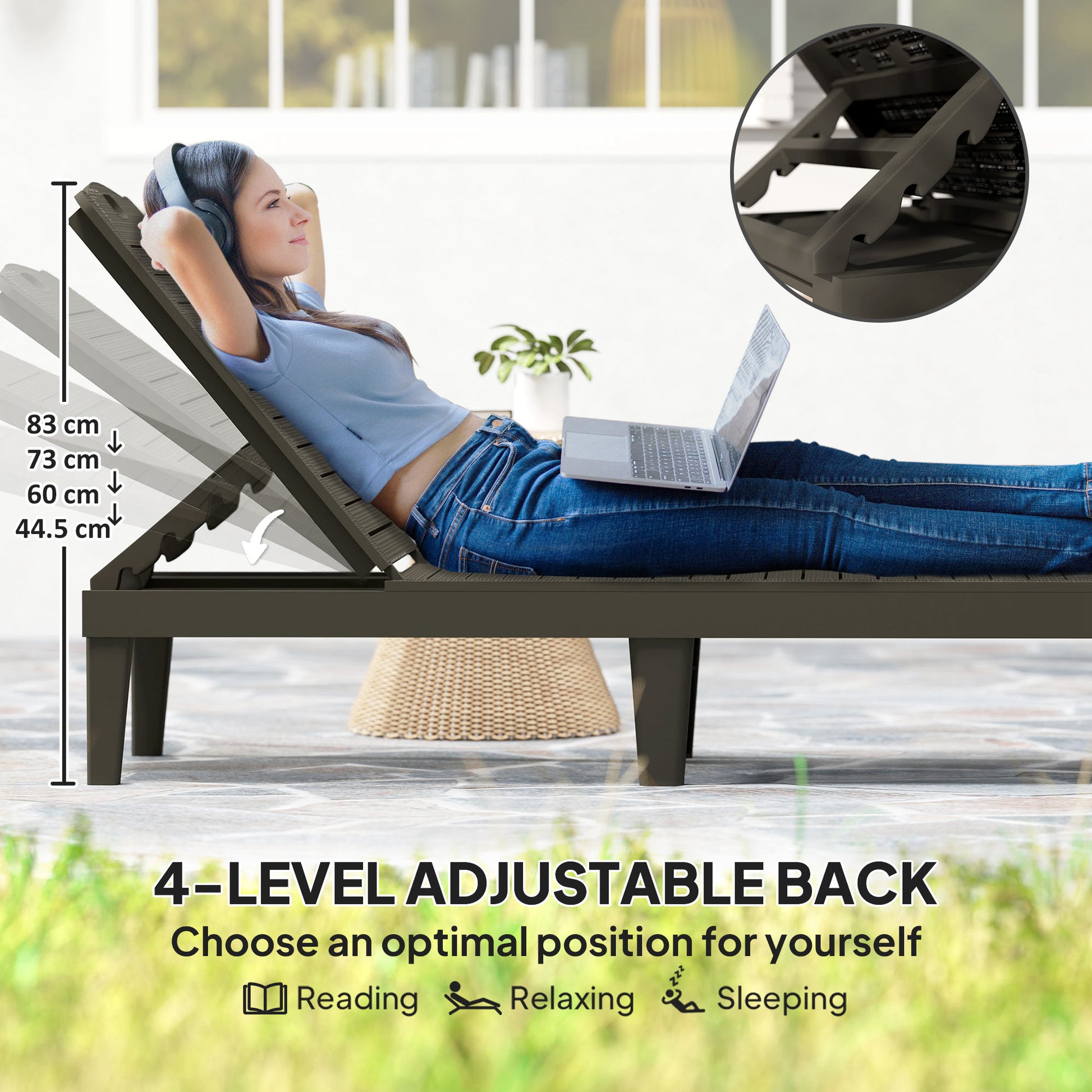 Outdoor Lounge Chair Set of 2, Waterproof Resin Lounge Chairs with 4-Position Adjustable Backrest for Backyard, Black