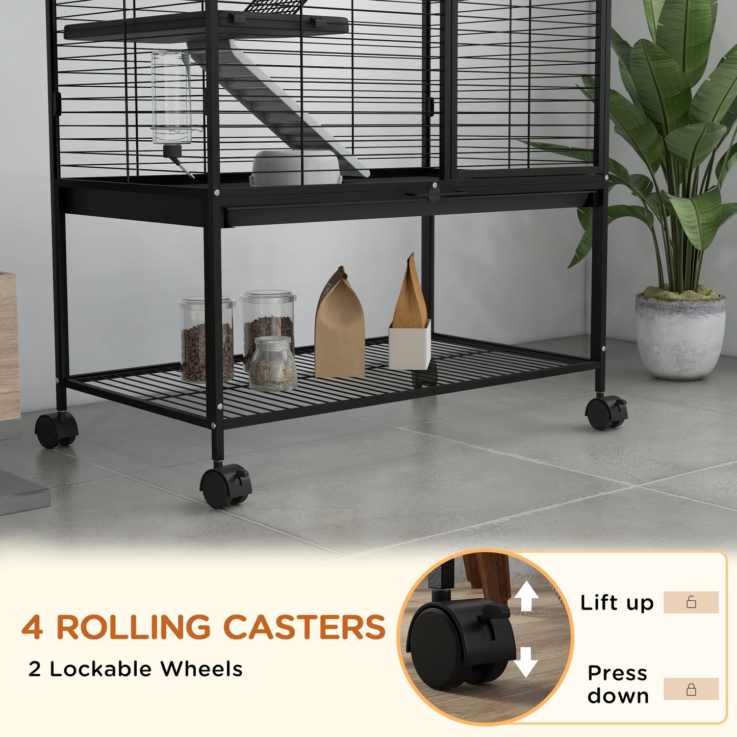 Rolling Small Animal Cage 54"H Chinchilla Cage for Ferrets, Squirrels w/ Removable Tray, Storage Shelf, Black