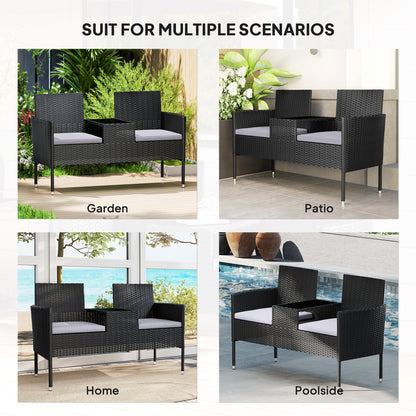 Patio Furniture w/ Mid-Table PE Rattan Loveseat w/ Cushion, Light Grey